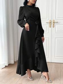 Modelyn Women Fashion Solid Color Belted Long Sleeve Dress,Elegant Evening Party Dress Long Evening Dresses - Black - View 7
