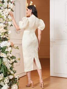 Modelyn Puff Sleeve Split Backless Jacquard Dress Without Belt Long Evening Dresses - Beige - View 3