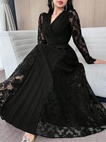 Feyla 女士花卉蕾丝 V 领长袖中长连衣裙，优雅 - 黑色 - 查看 7