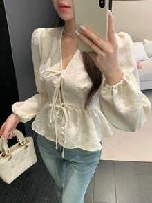 Áo kiểu thanh lịch thường ngày thắt nơ cho nữ, mùa xuân và hè. - trắng - Xem 1