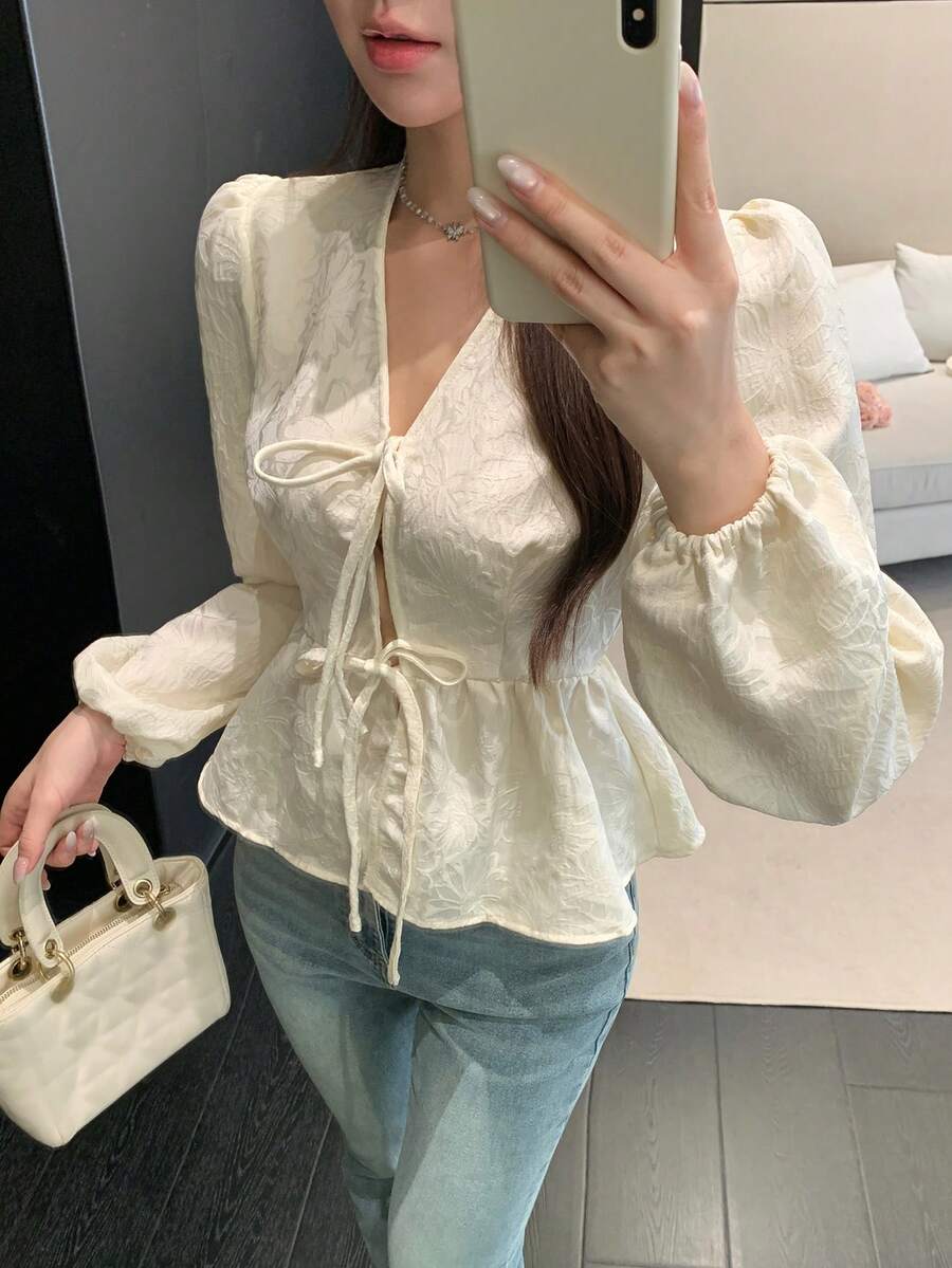 Áo kiểu thanh lịch thường ngày thắt nơ cho nữ, mùa xuân và hè. - trắng - Xem 1