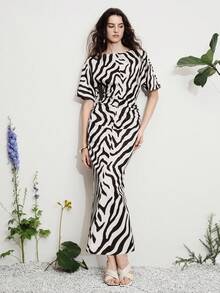 Aveloria Modichic Elegant High-End Black And White Animal Print Zebra Maxi Dress For Women,Summer Chic Holiday Tea Party Vacation,Loose Fit Flutter Sleeve Pleated - Multicolor - View 3