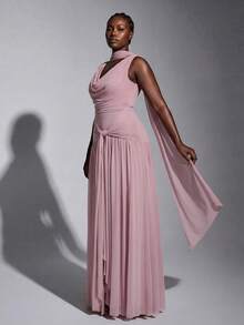 Elitara Elegant Formal Evening Party Light Pink Spring Wedding Bridesmaid Dresses For Women,High-Stretch Knit Mesh Plunging Neckline Twist Ruffle Dress - Pink - View 8