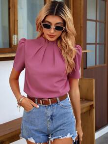 Pariaura Blusa casual de mujer de manga corta con cuello mao, plisada y de unicolor - Morado - Ver 4