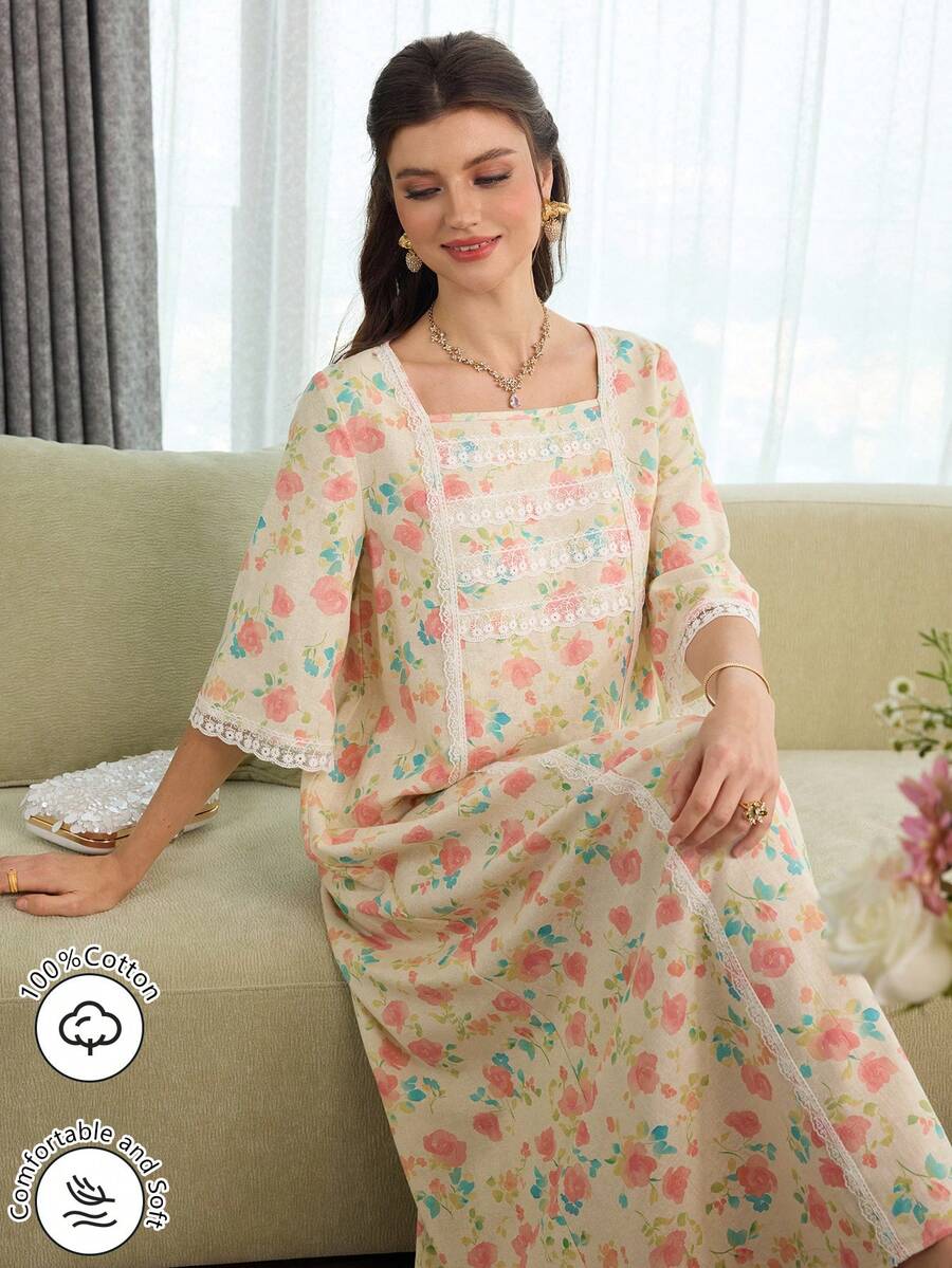 Al Najma Bata de manga larga con cuello cuadrado y ribete de encaje, de moda para primavera/verano