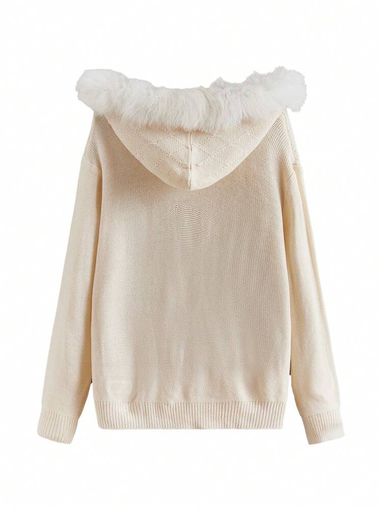Plus Size Hooded Cardigan With Pom Pom Decoration