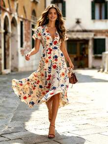V-Neck Elegant Ditsy Floral Waist Cinched Summer Dress - Multicolor - View 3