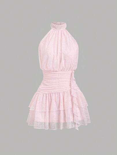 Sweetra Damen Neu Ankunft Rosa Kleid, elegantes Partykleid, Sommerurlaubs-Kleid, Strandkleid, geeignet für Party, Pendeln, Alltag, Reise, Urlaub, süß, elegant, niedlich, pikant, Spitze Blumen Stehkragen ärmelloses gerafftes Taille Rüschen Saum rückenfreies Binden Casual Mini Kleid