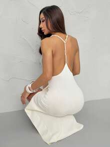 SHEIN PETITE 女士沙滩度假休闲波西米亚镂空设计连衣裙，情人节，女士情人节服装 - 杏色 - 查看 2