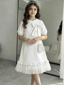 Girls' Elegant Solid Color Spring/Summer Dress, Girls' Solid Color Bow Round Neck Vest Spliced Mesh Skirt Matched With Fashionable Bag, Gentle Lady Style, Comfortable Multi-Functional Daily Outfit, Girls Clothing - White - View 6