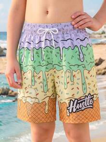 SHEIN GraphicGems Tween Boys Single Piece Printed Beach Shorts - Multicolor - View 6
