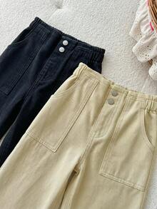 SHEIN 2pcs/Set Girls' Pink & White Loose Fit Denim Pants - Multicolor - View 8