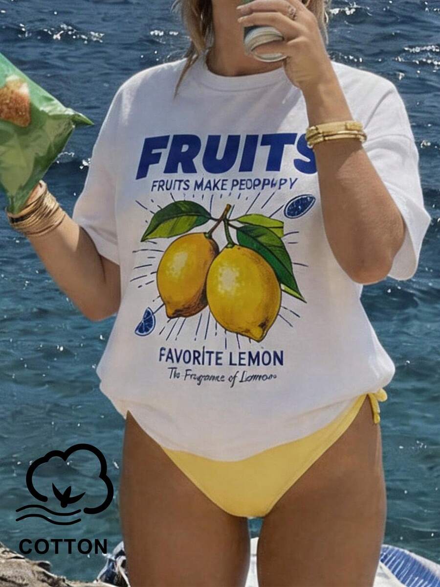 SHEIN BAE Women's Round Neck Letter & Lemon Print Casual Versatile Daily Wear Short Sleeve T-Shirt,Loose-Fitting T-Shirts, Lemon T-Shirts, Casual Tops, Graphic T-Shirts, Vacation Tops, Beach Tops, Island Tops, Outdoor Tops, Italian Style Tops, White Tops, Summer Tops,Summer Outfits For Women,Casual Blouses For Women,Vacation Outfits For Women,Holiday Outfits For Women,Graphic Tees Women,Beach Outfit For Women - White - View 1