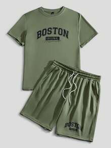 Sorvial Set de tricou și pantaloni scurți pentru bărbați, la modă, la modă, cu mâneci scurte, imprimate, vacanta, modă, simplu, scrisoare, Boston - Verde Armată - Vizualizare 2