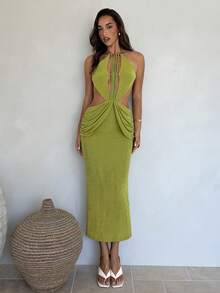 Aloruh Women's Green Music Festival Backless Tassel Decor Fitted Fishtail Dress, Spring/Summer - Green - View 3