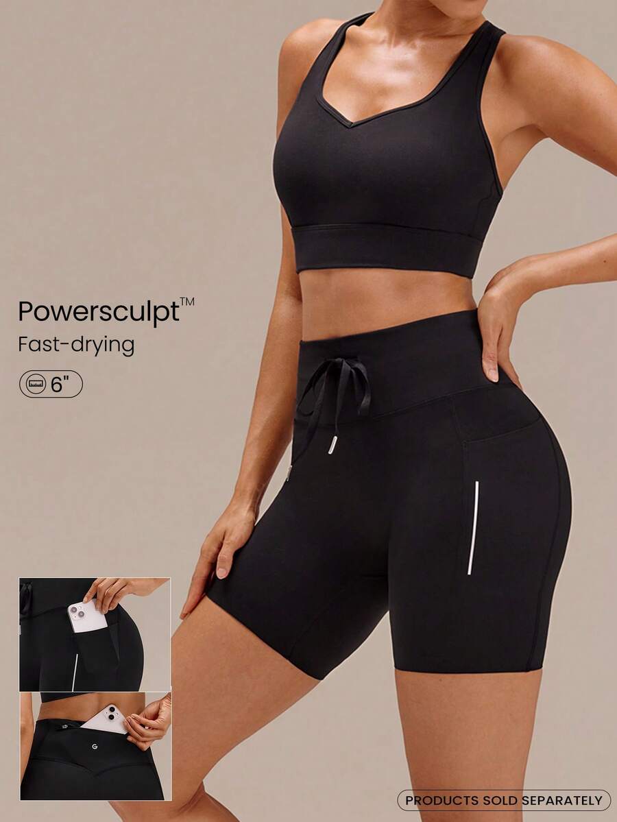 GLOWMODE 6英寸 Powersculpt™ 高能量高腰抽绳腰带侧袋反光防滑 X 训练跑步健身日常运动服 - 黑色 - 查看 1