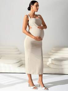 SHEIN MaterniWear Pregnant Women's Solid Color Pleated Backless Elegant Party Dress - Beige - View 7