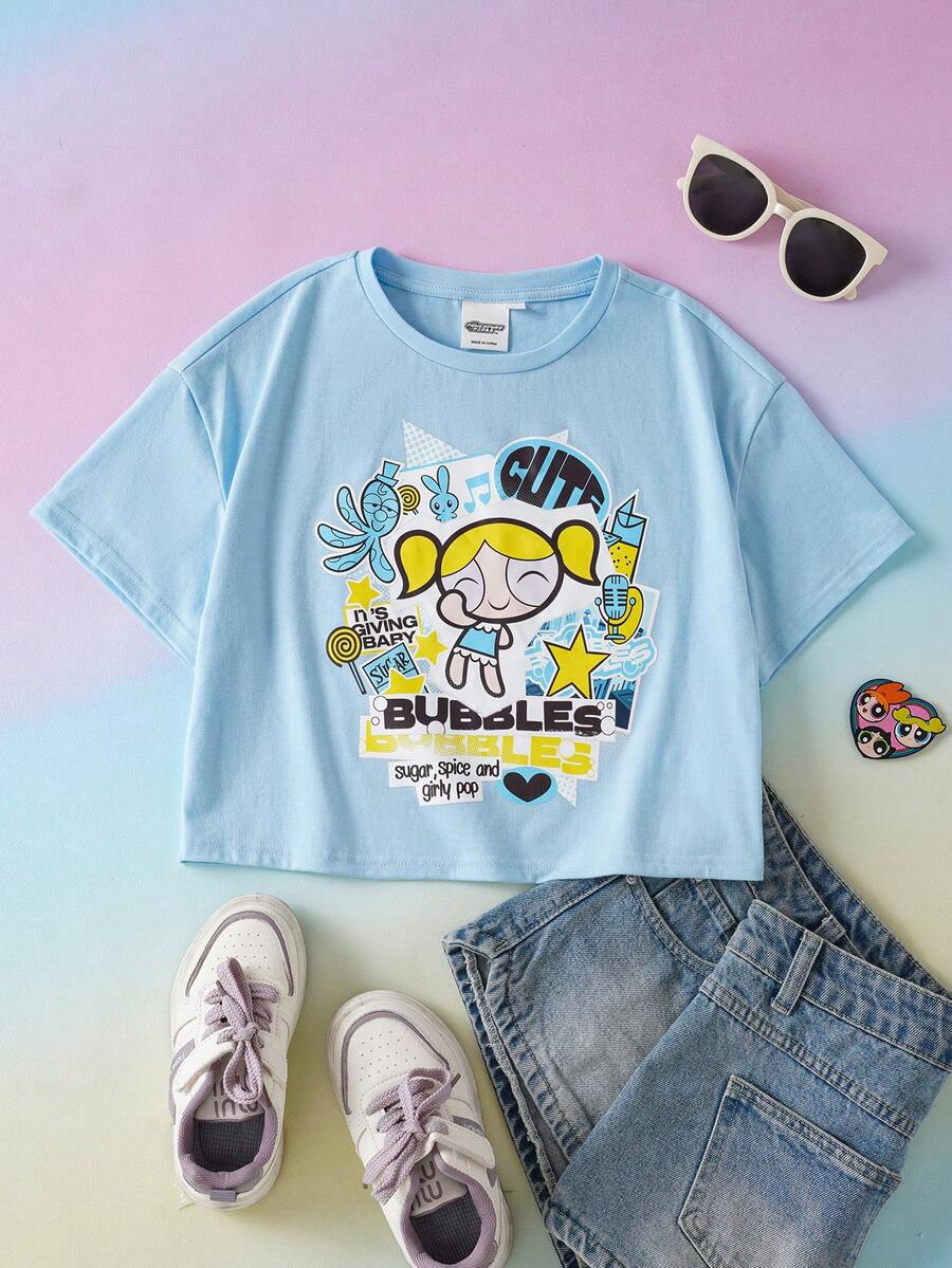 THE POWERPUFF GIRLS X SHEIN Áo thun ngắn tay dáng rộng in chữ hoạt hình dễ thương, thích hợp mặc đi nghỉ mát và đi làm, dành cho bé gái tuổi teen, mùa hè. - Màu xanh nhạt - Xem 1