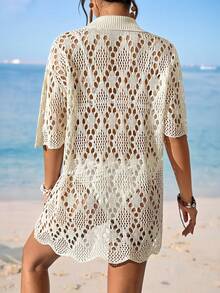 Swim Chiccia Women's Solid Color Hollow-Out Collar Casual Holiday Short Sleeve Kimono Cover Up For Layering Summer - Apricot - View 2