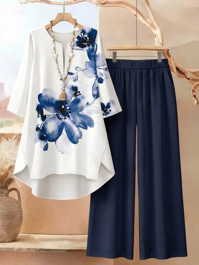 Seusyu Women's Blue Watercolor Floral Digital Print Casual Loose Fit Round Neck Top And Pants 2 Pieces Set Summer Holiday Vacation Outfits