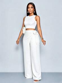 SOLERSUN Women's Linen-Like Belted High Waist Linen-Blend Tie Side Belted Wide Leg Pants - White - View 5