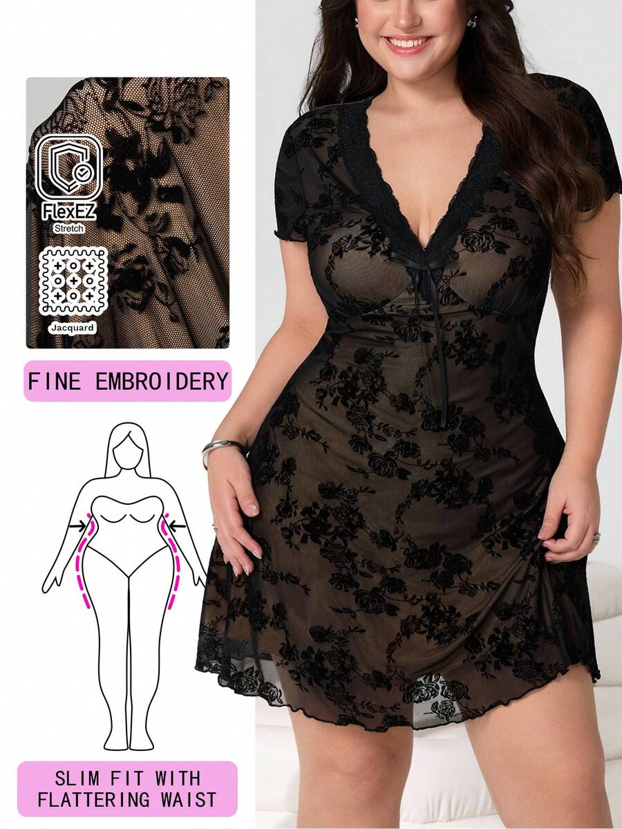 Solflare Spring/Summer New Casual Everyday Dress, Suitable For Parties, Commuting, Weddings, Music Festivals, Back To School, Graduation, Beach Vacations, Street Style, Exploring Shops, City Walks, Multi-Occasion Wear, Can Be Worn Alone Or Layered, High-Stretch Black Velvet Jacquard Mesh Fabric, Jacquard Knit, V-Neck, Bow Accent, Romantic Lace Trim, Contrast Nude Lining, A-Line, Short, Plus Size - Multicolor - View 1