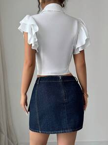 Elenzga Minifalda vaquera elegante y minimalista de corte evasé que estiliza la figura de la mujer - Azul lavado oscuro - Ver 2
