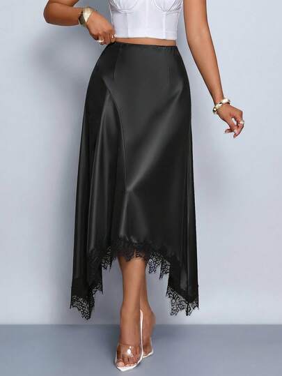 SOLERSUN Women's Summer Black Asymmetrical Lace Hem Elegant Romantic Satin Skirt, A-Line Skirt, Old-Fashioned Cruise Attire For Wedding Guests Modern Urban Casual Fashion Business Casual Asymmetrical Black Lace Trim Skirt Women Party Skirt,Going Out Outfits Vacation Outfits