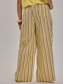 MUSERA Plus Size Striped Tailored Wide Leg Trousers Spring Summer Elegant Holiday Vacation Beach Late Checkout Fall - Multicolor - View 4