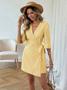 SHEIN LUNE Đầm ngắn tay buộc dây phía trước, kiểu dáng thường ngày, kẻ sọc, thích hợp cho nữ, phù hợp cho kỳ nghỉ hè và đi làm. - Màu vàng - Xem 4