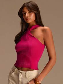 Athîral Women's Pink Ribbed Knit Top, Halter Neck Summer Chic Vacation Fashion Top, Casual Sexy Versatile Daily Wear One Sided Country Concert Going Out - Hot Pink - View 4