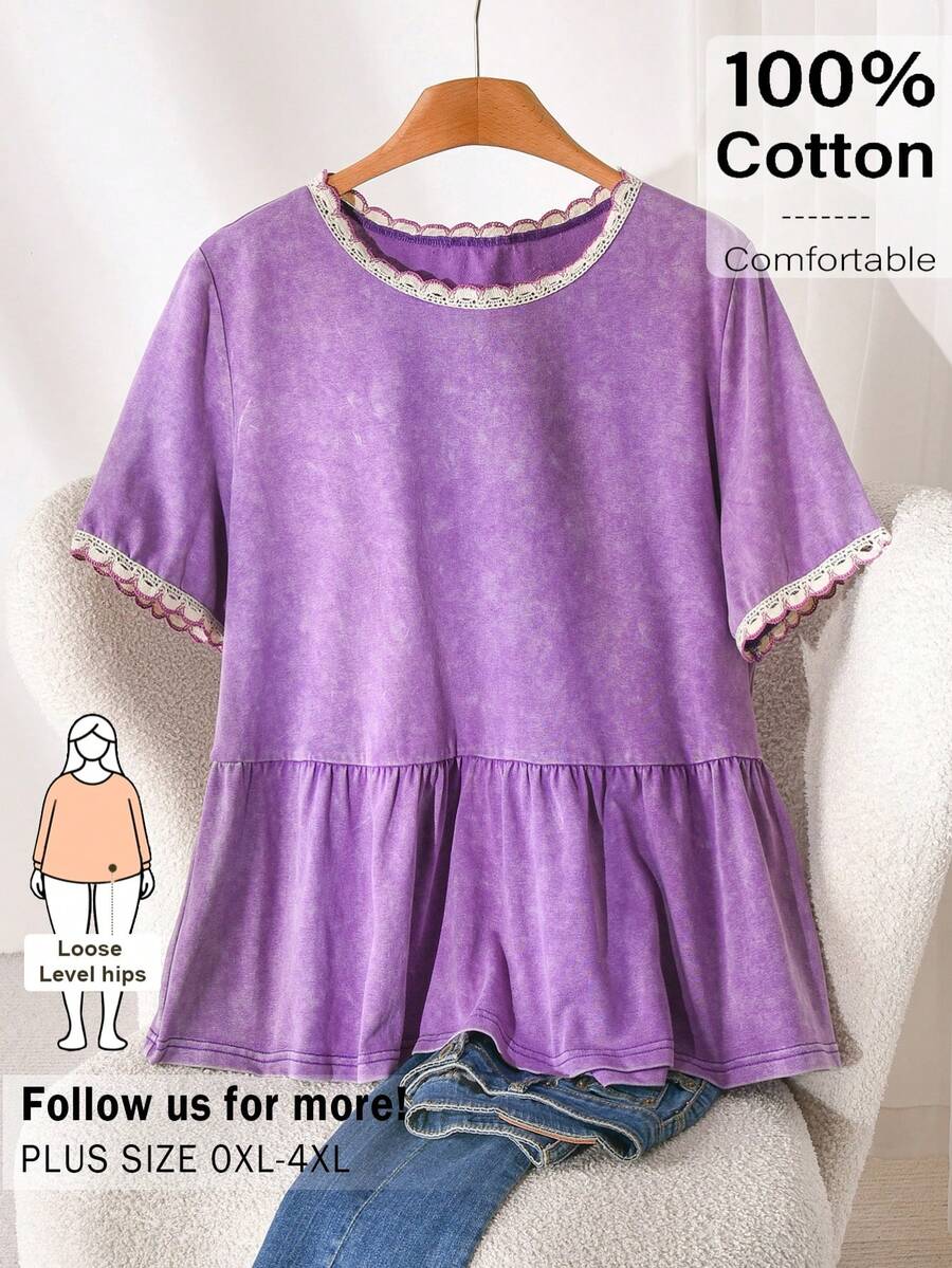 CosyJoli 大尺碼女款 T-shirt,對比蕾絲飾邊短袖上衣,紫色,夏季,休閒時尚,日常約會穿搭,舒適寬鬆時尚 - 紫色 - 查看 1