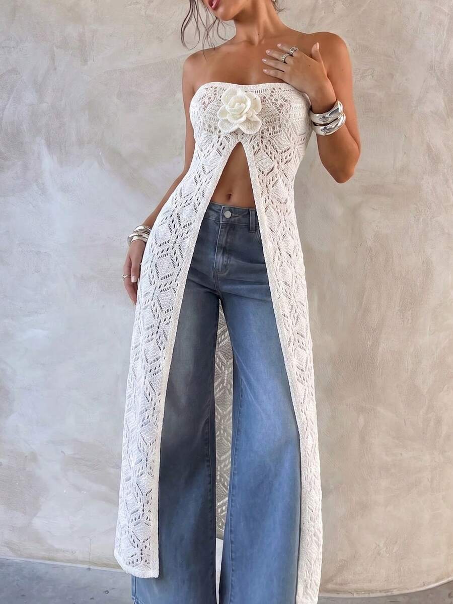 Selianne New Spring/Summer Sexy Vacation Style Hollow-Out Cropped Halter Slit Long Top, Designed 3D Floral Women Knit Blouse - Beige - View 1
