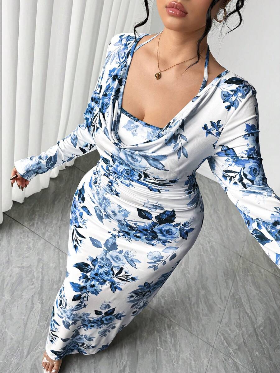 Elenzga Plus Size Women's New Ruffle Collar Short Bodycon Dress, Ditsy Floral With Tie Waist, Yellow & White - Blue - View 1
