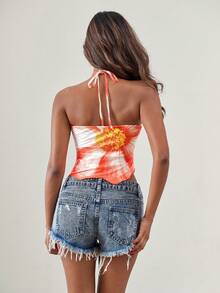 SHEIN ICON Débardeur décontracté à col ras-du-cou avec imprimé floral orange pour les vacances, idéal pour les sorties, les fêtes sur la plage et les vacances d'été pour femmes - Multicolore - Voir 3