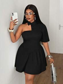 Maweii Plus Size Women Solid Color Asymmetric Design Commuter Dress - Black - View 6