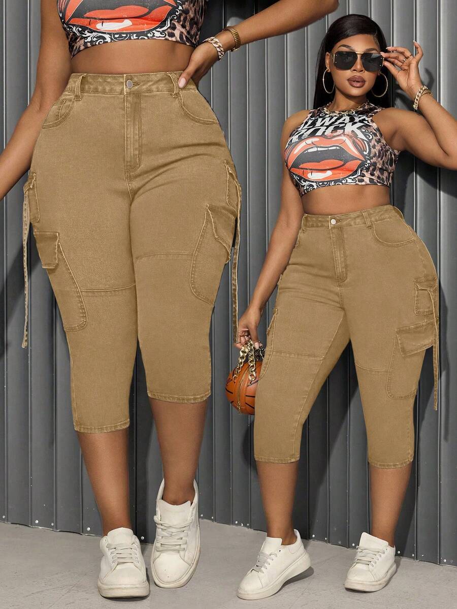 Slaydiva Celana Jeans Skinny Wanita Ukuran Besar Warna Biru Elastis Gaya Vintage dengan Kantong - Khaki - View 1