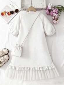 Girls' Elegant Solid Color Spring/Summer Dress, Girls' Solid Color Bow Round Neck Vest Spliced Mesh Skirt Matched With Fashionable Bag, Gentle Lady Style, Comfortable Multi-Functional Daily Outfit, Girls Clothing - White - View 2