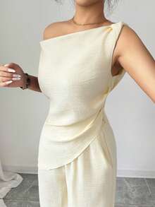 SHEIN Tall 女款春夏新款兩件套：極簡優雅通勤/休閒風 壓褶不對稱肩領上衣 + 長褲，海軍藍，適合高個女性 - 淡黃色 - 查看 3