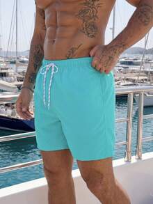 Maristyn Men's Solid Color Pocket Drawstring Waist Beach Shorts, Suitable For Summer Teal Swim Trunks Men Swim Trunks Drawstring - Mint Blue - View 4