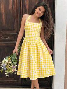 Tween Girls' Casual Plaid Daisy Print Halter Low Waist Skirt Dress - Yellow - View 3