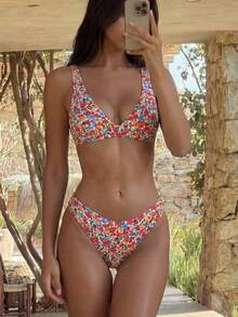 Sunnyshic Summer 2pcs Ditsy Floral Halter Crisscross Back Tied Bikini Set - Multicolor - View 3