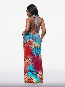 Coolane Vestido de Praia Sexy com Decote Nas Costas e Amarração na Frente, Estampa Gradiente Animal com Decoração de Estrela-do-mar Metálica, para Férias - Multicolorido - Visão 3