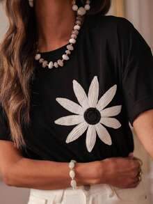 Serisse Women Round Neck T-Shirt, Short Sleeve, Fashionable For Summer Black Casual - Black - View 3