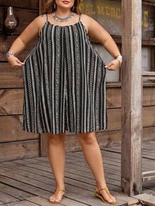 SHEIN CURVE+ Curve 尺码 US22 音乐节、海滨度假、波西米亚风女士休闲几何印花连体裤 - 黑與白 - 查看 8