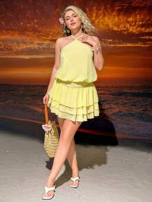 Hourglow Vestido de mujer talla grande de unicolor con volantes en el bajo y cuello halter, para figura de reloj de arena - Amarillo - Ver 8