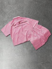 Manfinity EMRG Bộ áo sơ mi ngắn tay kẻ sọc và quần short nam, áo có túi ngực bên trái, quần short kẻ sọc cùng màu với cạp chun và túi bên hông, kiểu dáng rộng rãi, phong cách đường phố thường ngày, phù hợp cho nam giới trẻ tuổi, quà tặng cho bạn trai/chồng, trang phục đôi. - Đỏ và trắng - Xem 1