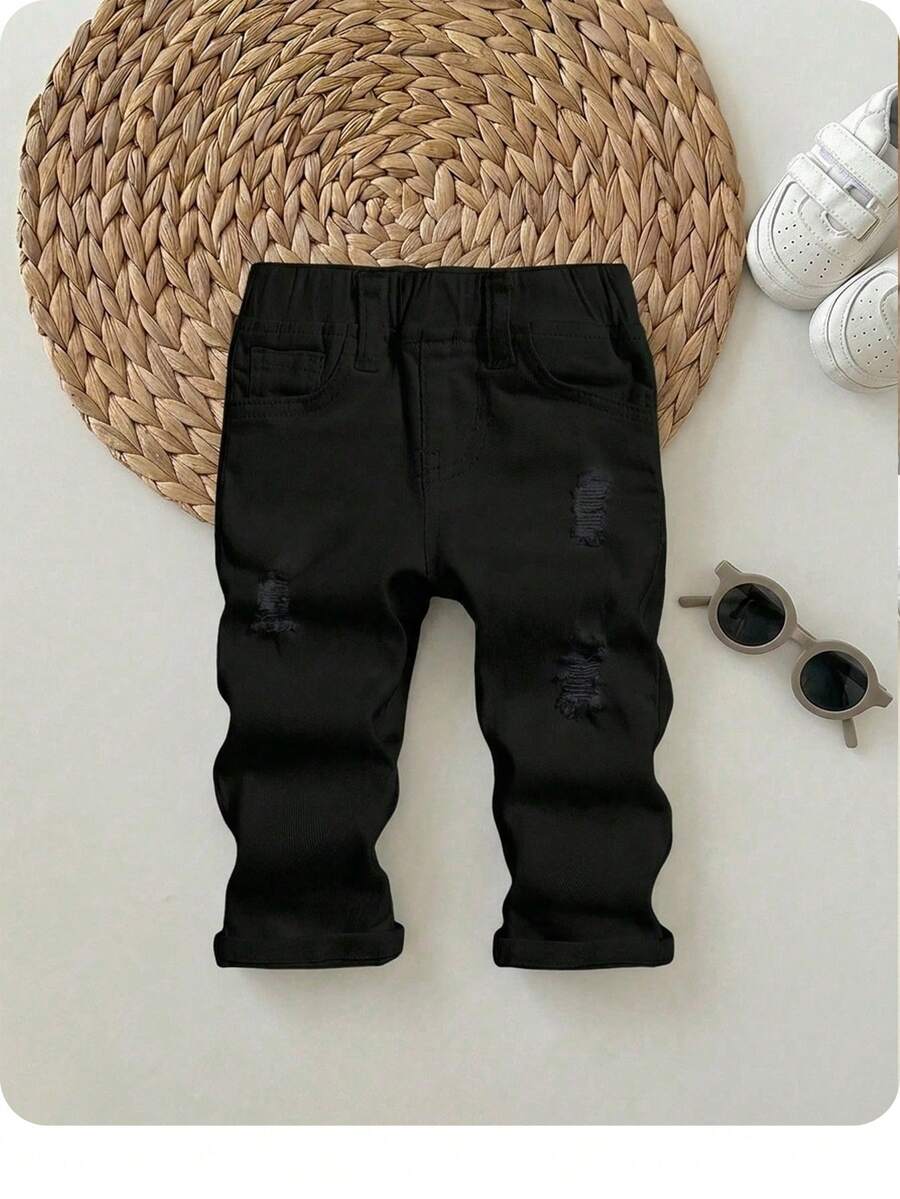 SHEIN Baby Boys' Distressed Jeans With Thermal Lined - Black - View 1