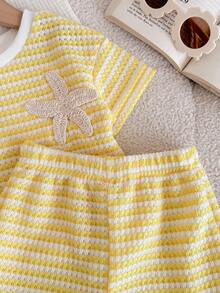LMoss Kids 2pcs Baby Girl Knitted Striped Round Neck T-Shirt And Shorts Set - Yellow - View 3