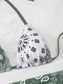 Swim Vcay Plus Size Women 3pcs Halter Backless Printed Bikini Set With Mesh Short Apron, Vacation Swimwear - Multicolor - View 3